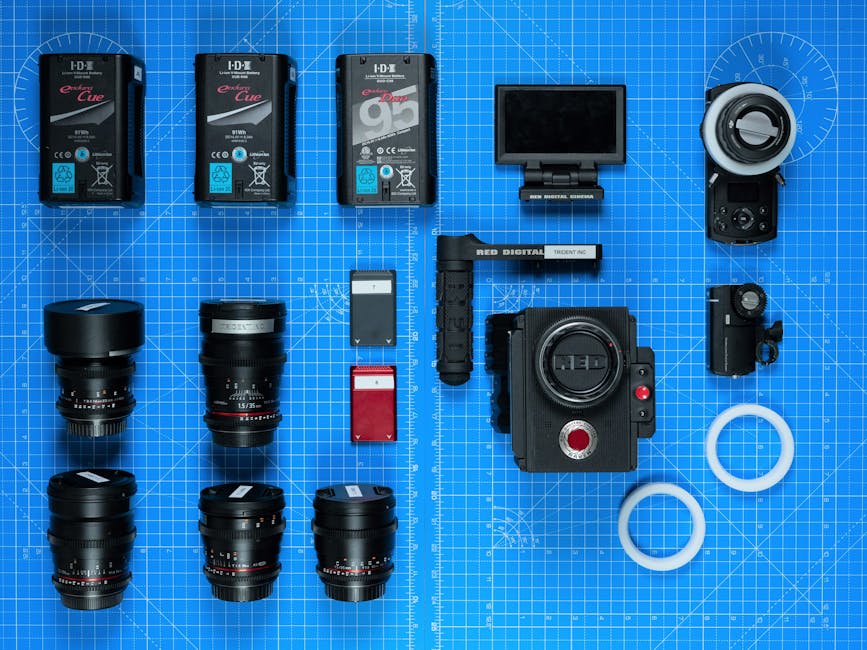 Organized flat lay of professional camera gear on a blueprint background, showcasing various lenses and accessories.